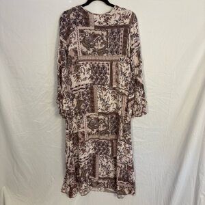 Refka Boho Patchwork Floral Midi Dress in Cream & Brown Sz US 12